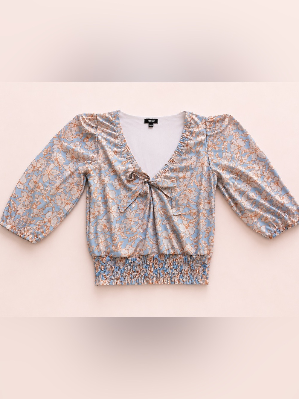 Mexx Blue Floral Puff Sleeve Smocked Crop Top XS